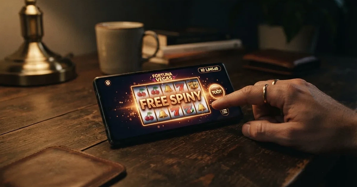 Hráč sleduje obrazovku s automatem, na němž svítí nápis „free spins“ a ukazatel výhry v českých korunách