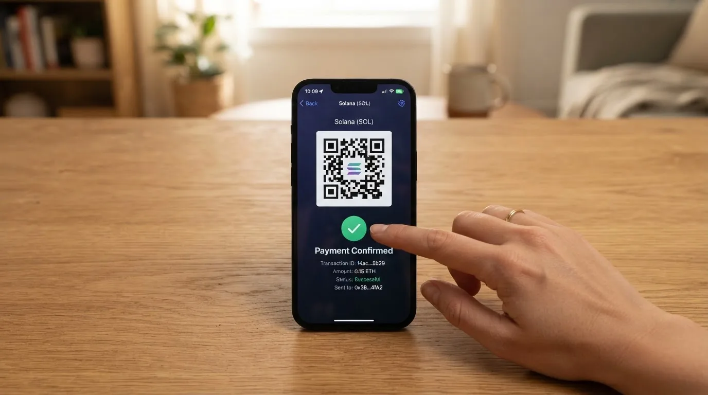 Mobilní telefon zobrazující bitcoinovou peněženku s QR kódem a potvrzující transakci do casina