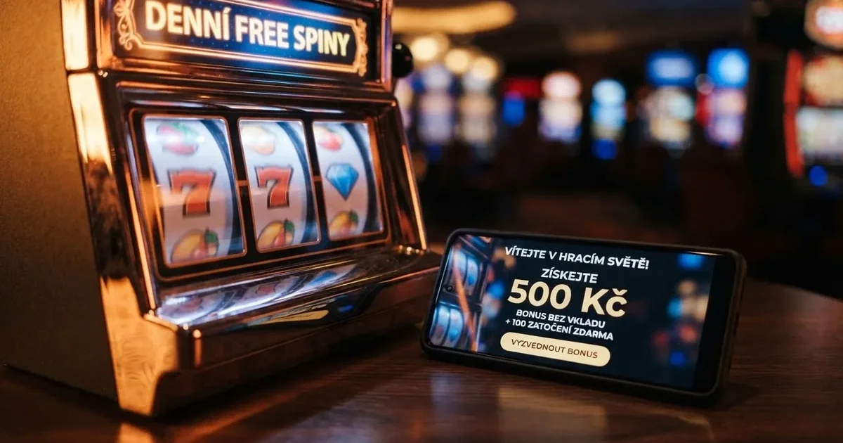 Herní automat s roztočenými válci, vedle něj mobil s otevřenou stránkou casino bonusů