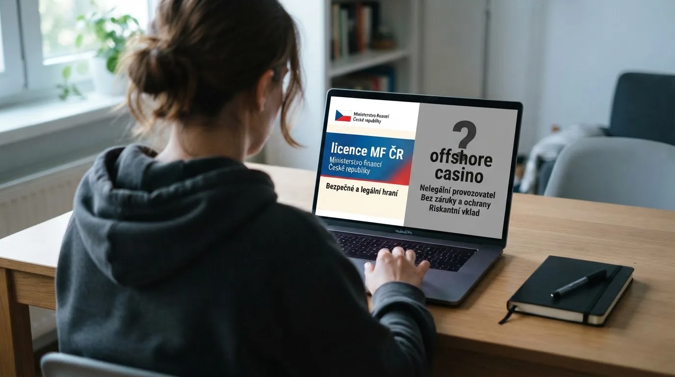 Rozcestník se dvěma směry — vlevo česká vlajka a nápis „licence MF ČR“, vpravo otazník a nápis „offshore casino“ — mezi nimi hráč u počítače