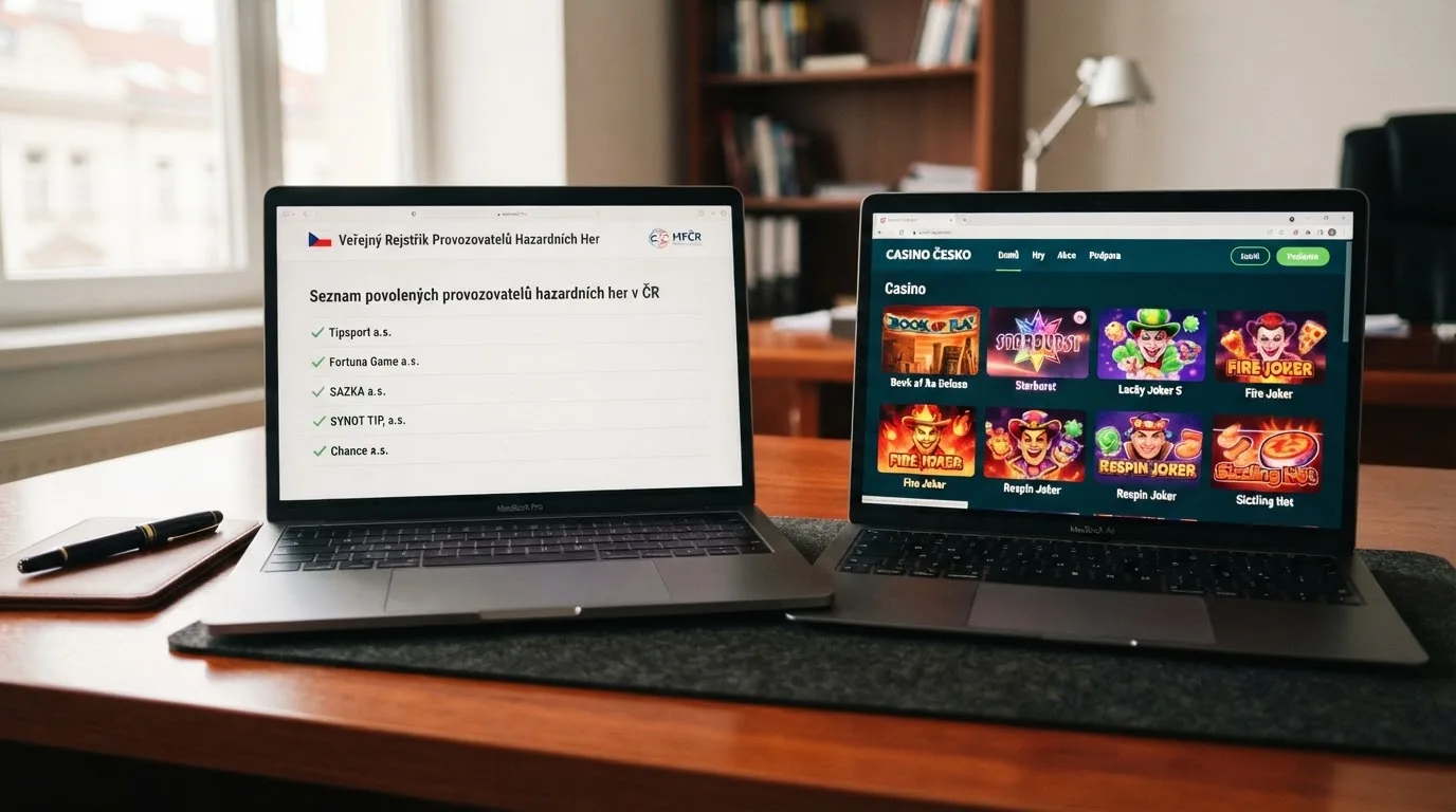 Úřední dokument s razítkem Ministerstva financí ČR vedle obrazovky licencovaného online casina