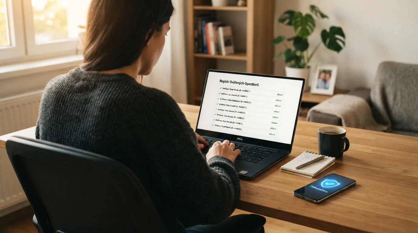 Úřední dokument s razítkem Ministerstva financí ČR položený na klávesnici s logem online casina na monitoru