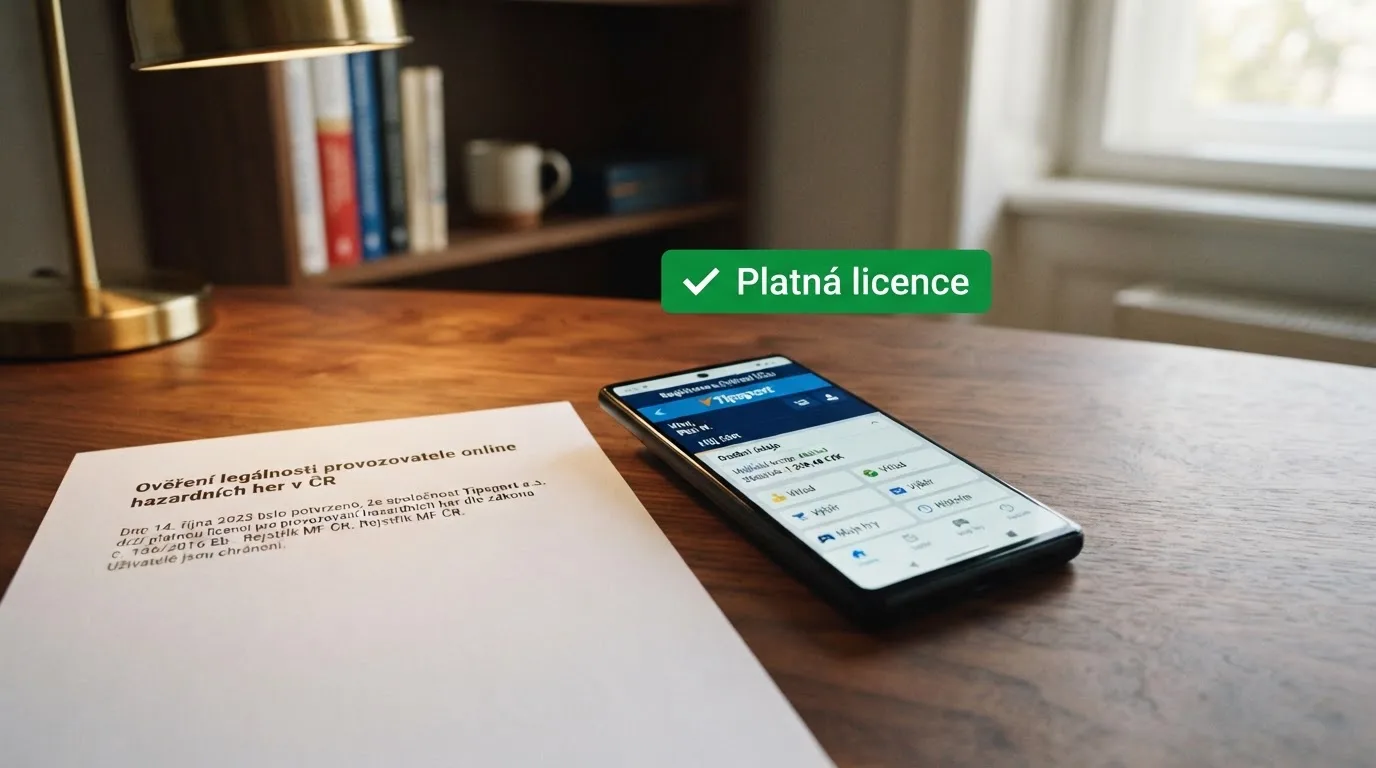 Úřední dokument s logem Ministerstva financí ČR vedle obrazovky s registračním formulářem licencovaného online kasina