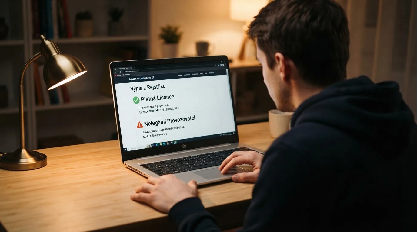 Úřední výpis z registru Ministerstva financí ČR s razítkem, vedle něj logo licencovaného českého online casina a varovný symbol u nelicencované stránky