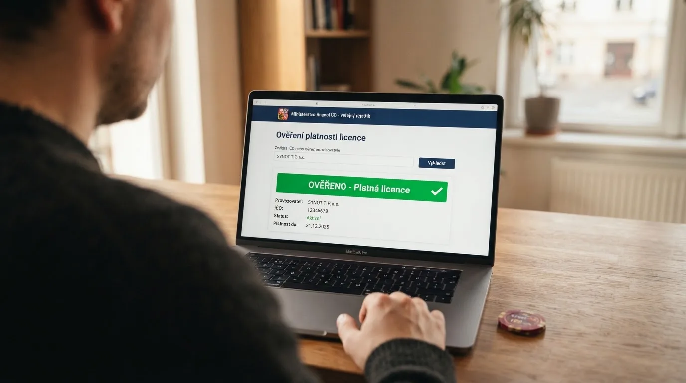 Ukázka vyhledávání v registru provozovatelů hazardních her na webu Ministerstva financí ČR — ověření licence konkrétního casina