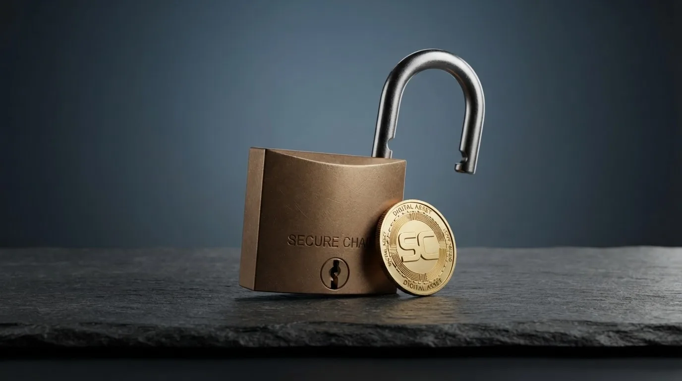 Úřední dokument s razítkem a bitcoinem vedle — symbol napětí mezi regulací a kryptoměnovou realitou