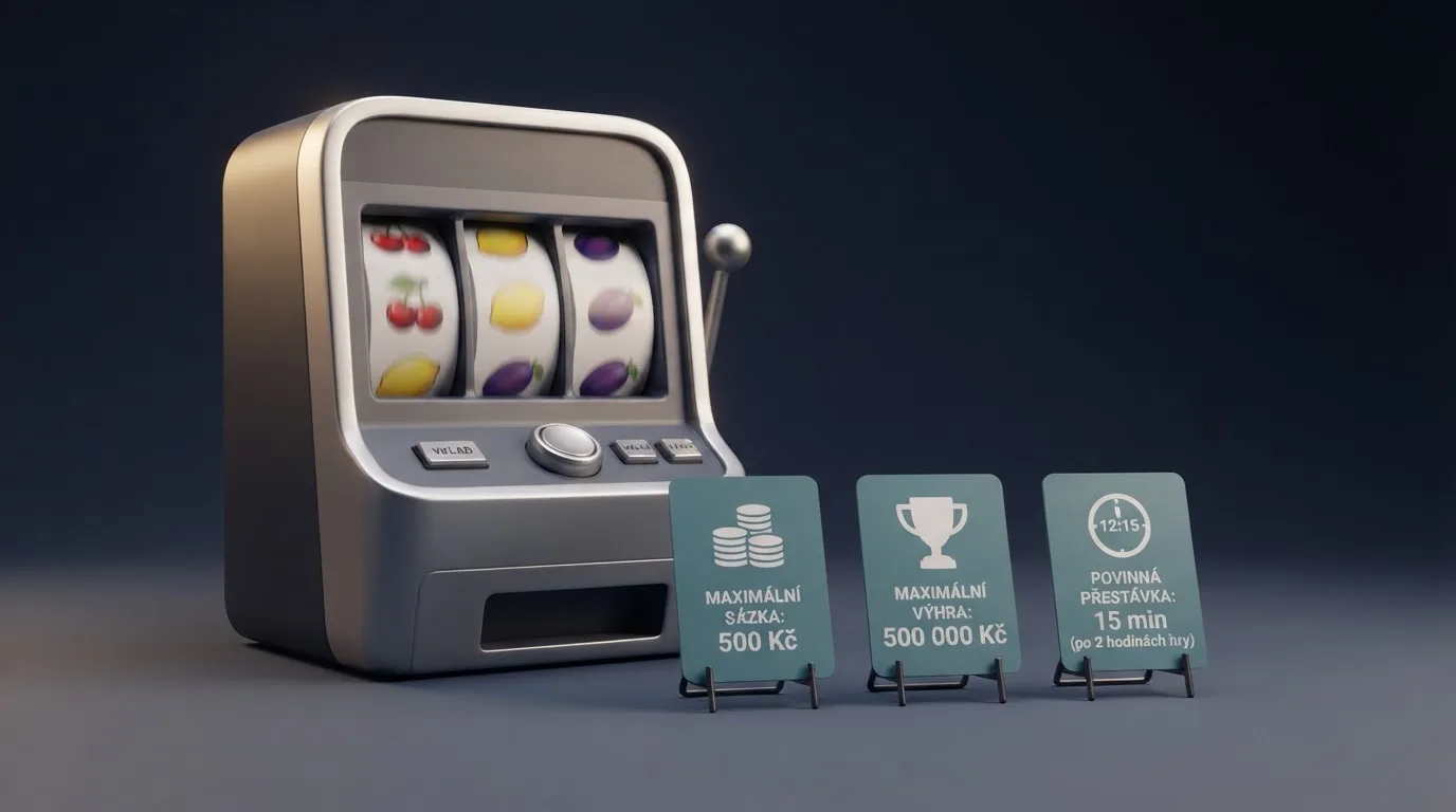 Vizualizace zákonných limitů pro online automaty — maximální sázka 500 Kč, výhra 500 000 Kč a povinná herní přestávka