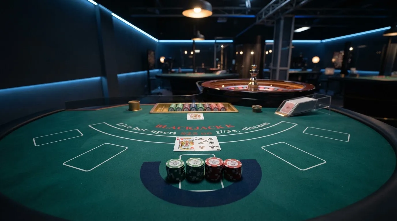 Detail živého stolu s krupiérem, rozložení sázek na ruletě a blackjacku v jednom záběru studia