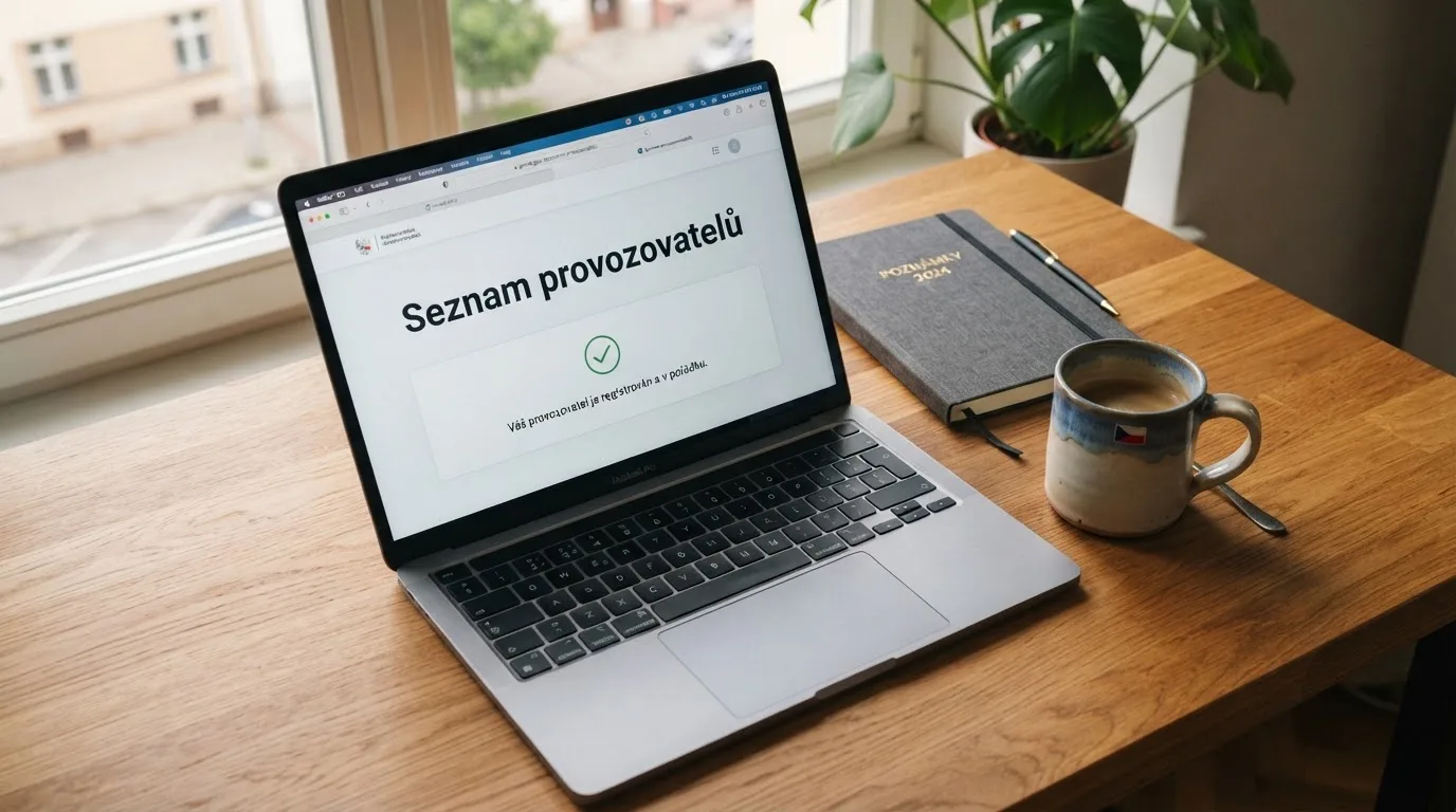 Úřední dokument s razítkem Ministerstva financí ČR položený na klávesnici — symbol licencované hry pod dohledem státu
