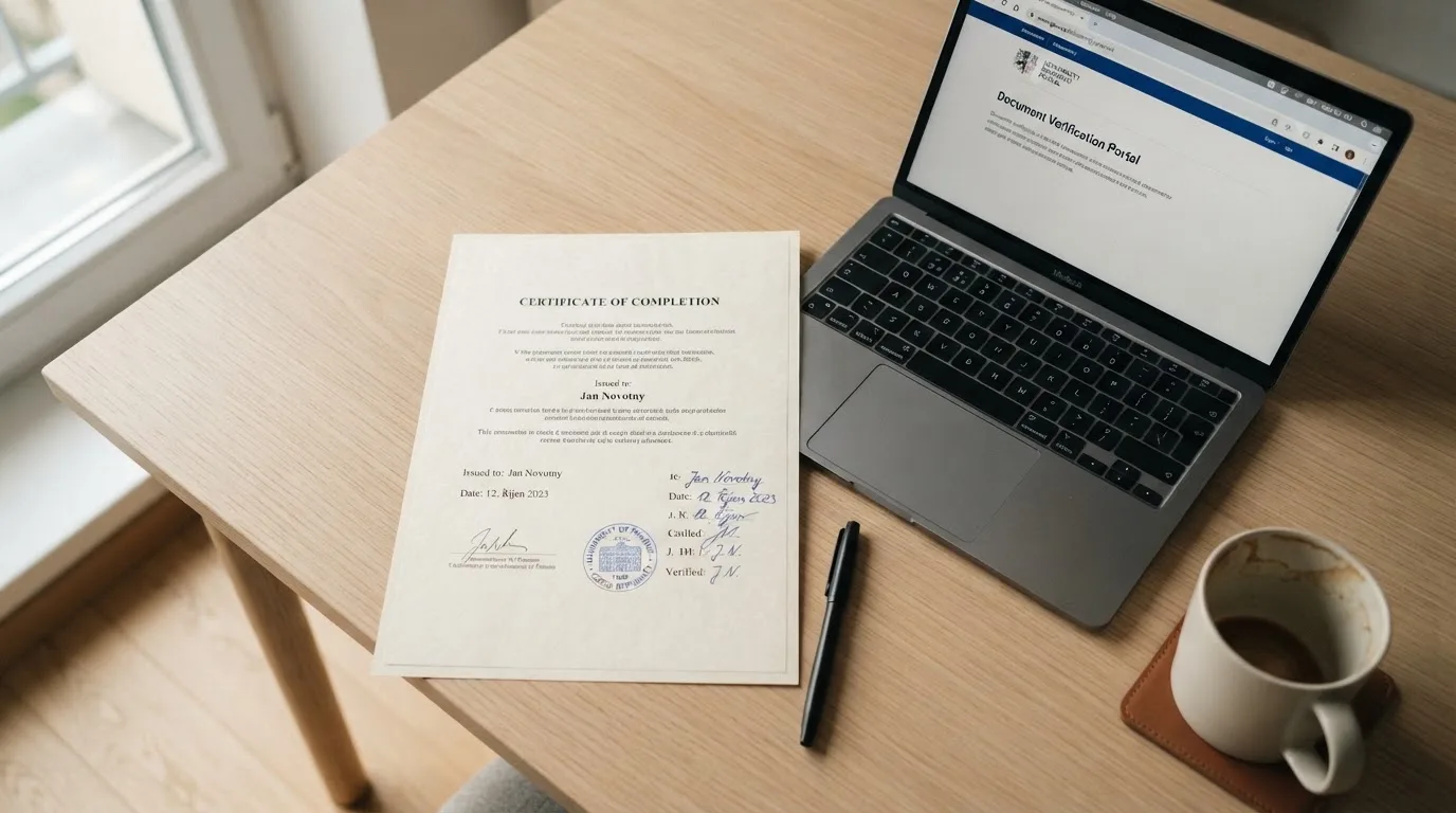 Úřední dokument s razítkem Ministerstva financí ČR položený vedle otevřeného notebooku s logem .cz domény
