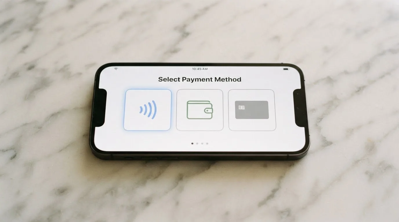 Detail displeje telefonu s nabídkou platebních metod — ikony Google Pay, Skrill a platební karty