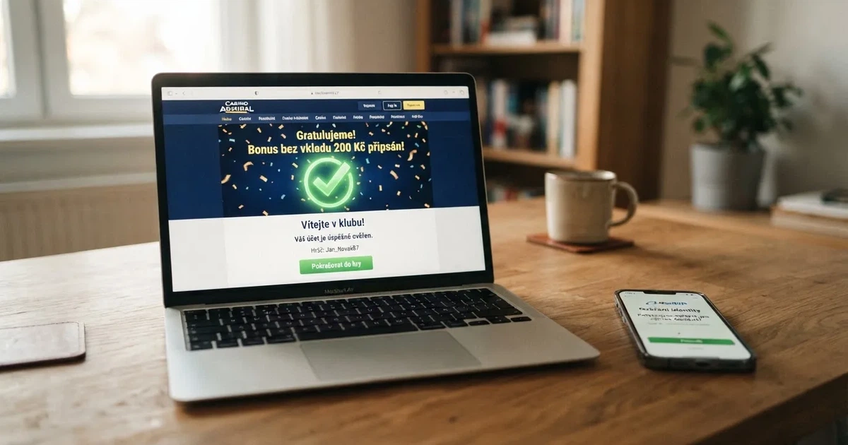 Registrační formulář českého online kasina s nabídkou bonusu bez vkladu na obrazovce notebooku, vedle něj mobil s Bank iD
