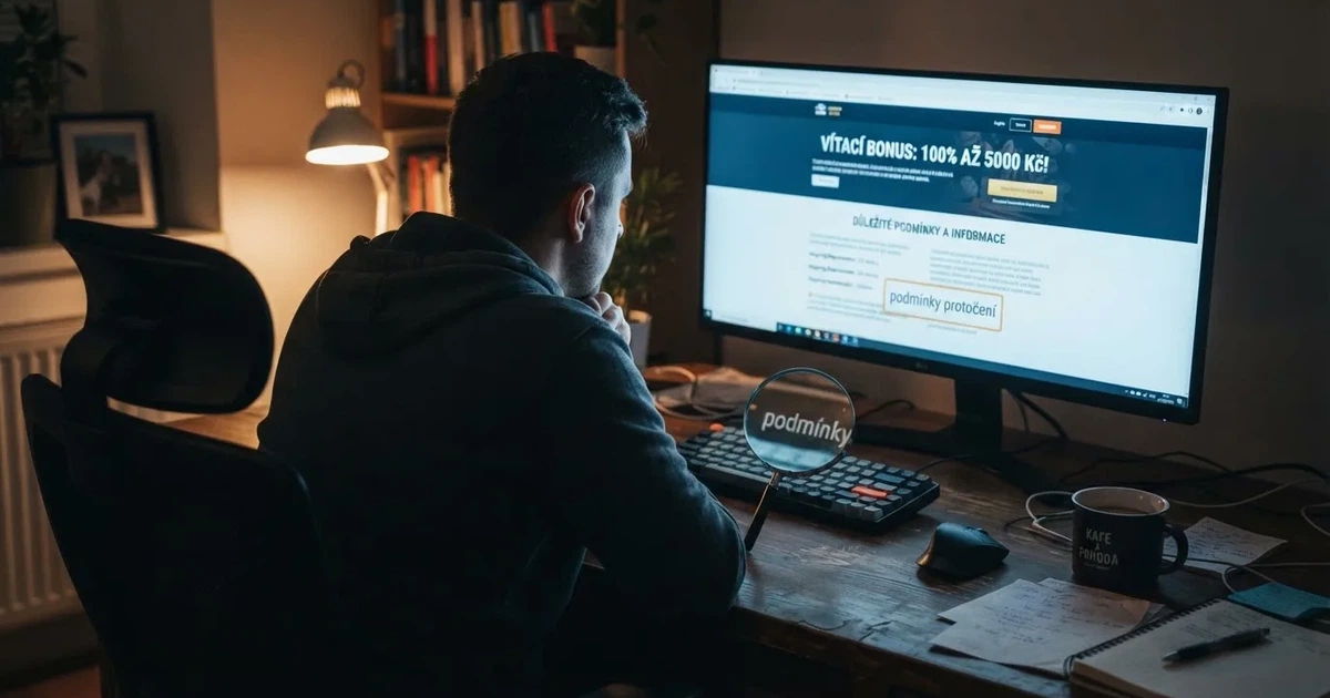 Hráč u monitoru si prohlíží podmínky bonusu na obrazovce zahraničního casina, v popředí lupa nad textem „podmínky protočení“