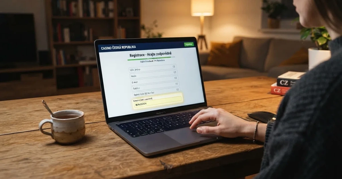 Obrazovka s registračním formulářem online casina, vedle něj zvýrazněné pole bonusového kódu a ukazatel průběhu ověření totožnosti