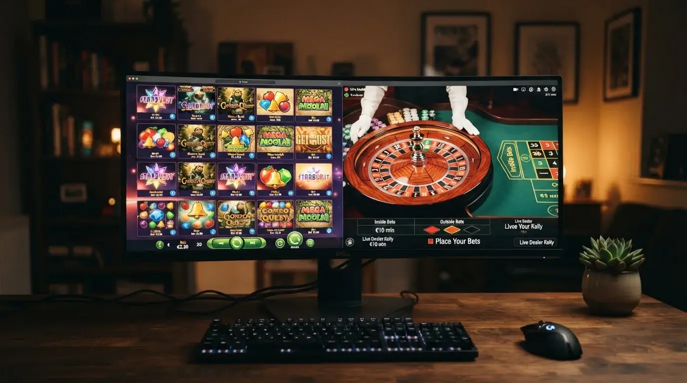 Rozložení herní lobby USDT kasina — vlevo dlaždice automatů s logy Pragmatic Play a NetEnt, vpravo živý stream rulety s dealerem u stolu Evolution