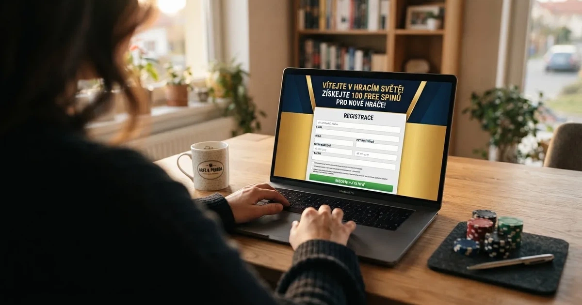 Registrační formulář českého online casina s nabídkou volných zatočení bez vkladu na obrazovce notebooku