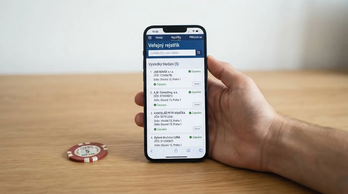 Ruka držící chytrý telefon s otevřenou stránkou veřejného registru Ministerstva financí ČR, vedle leží občanský průkaz.