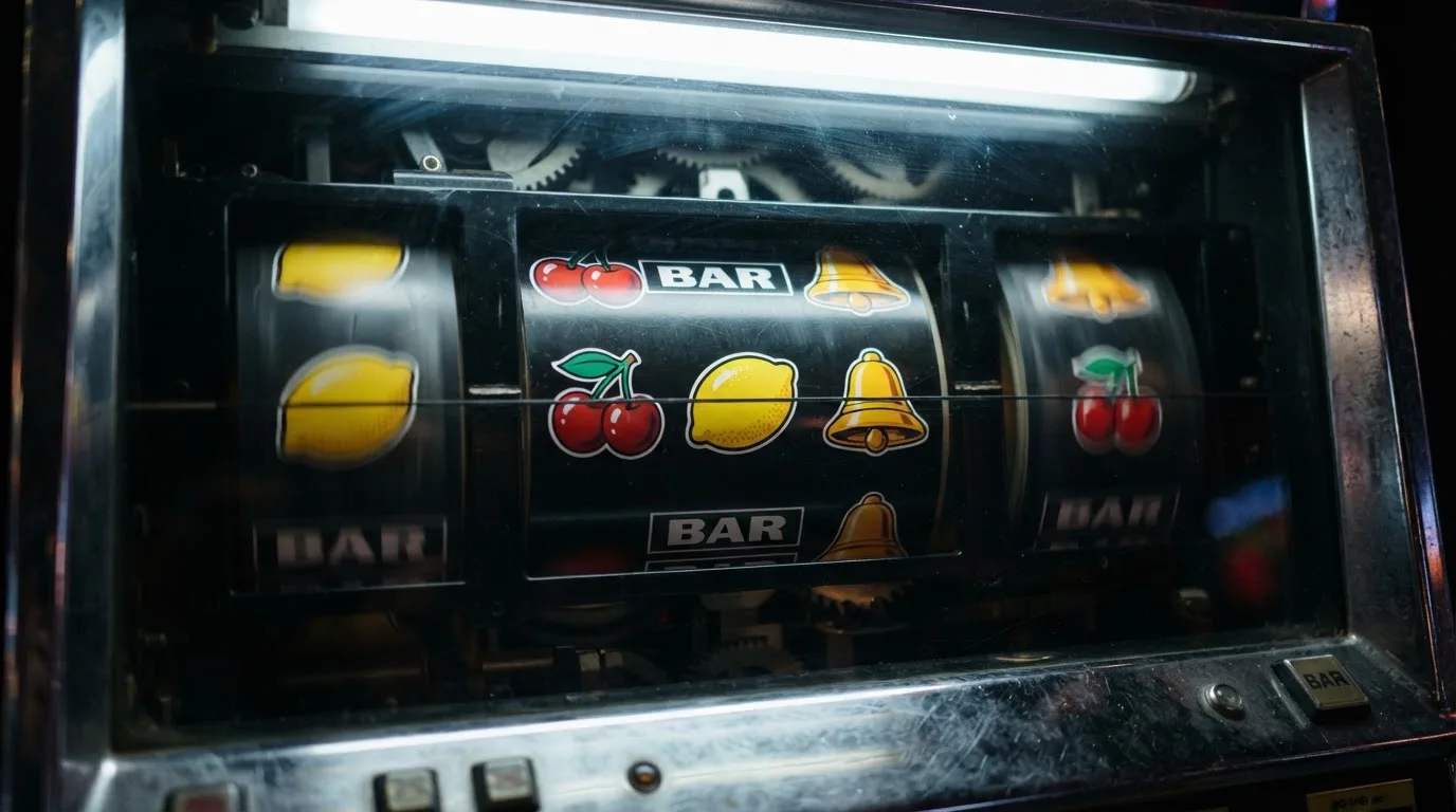 Detailní záběr na válce klasického automatu s ovocnými symboly — třešně, citrony, sedmičky, BAR