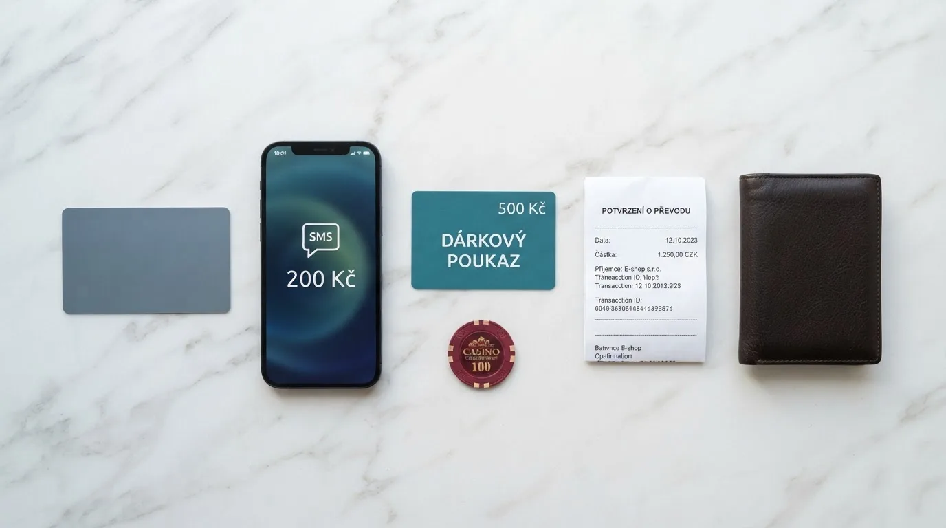 Srovnání pěti platebních metod — platební karta, mobilní telefon s SMS, poukázka Paysafecard, bankovní převod a e-peněženka — vedle sebe s částkou 200 Kč