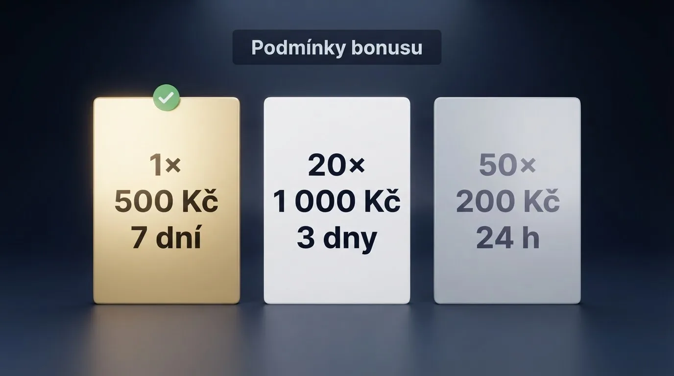 Tabulka srovnávající podmínky protočení, maximální výhru a platnost u tří fiktivních bonusových nabídek — zvýrazněný řádek s nejvýhodnější kombinací