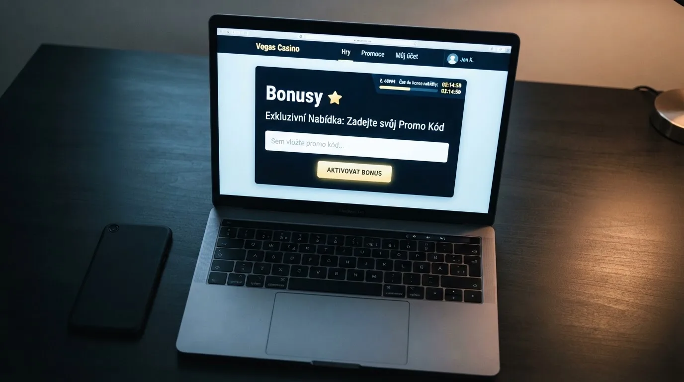 Detail rozhraní online casina s vyznačenou sekcí Bonusy a polem pro zadání promo kódu