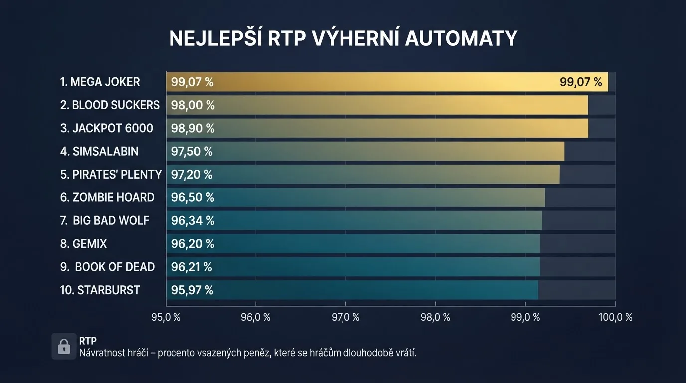 Přehledová tabulka s názvy automatů, vývojáři, procenty RTP a maximálními výhrami — od Blood Suckers (99,07 %) po Gonzo's Quest (95,97 %)