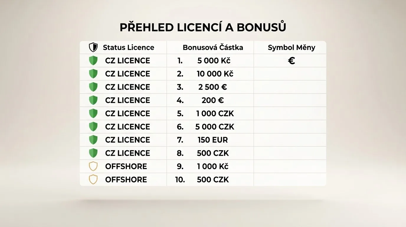 Přehledná tabulka deseti provozovatelů dostupných českým hráčům — osm s licencí MF ČR, dva offshore — s údaji o licenci, bonusu a podpoře v korunách