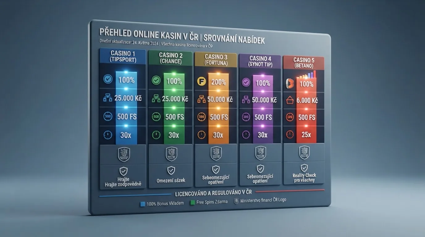 Přehledová infografika s pěti sloupci porovnávajícími výši bonusu, protočení, licenci a ochranu hráče napříč operátory