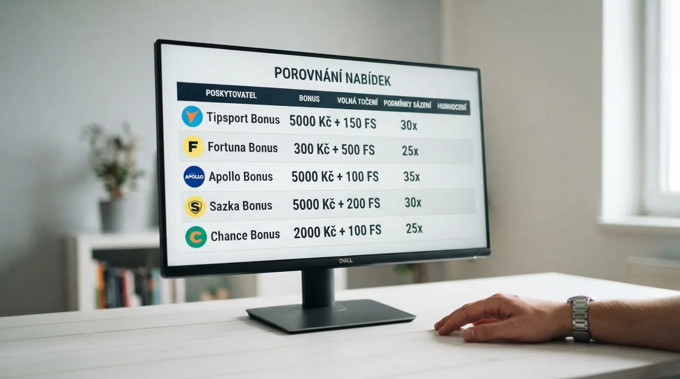 Přehledná srovnávací tabulka na monitoru — vedle sebe nabídky několika casin s vyznačenými klíčovými parametry.