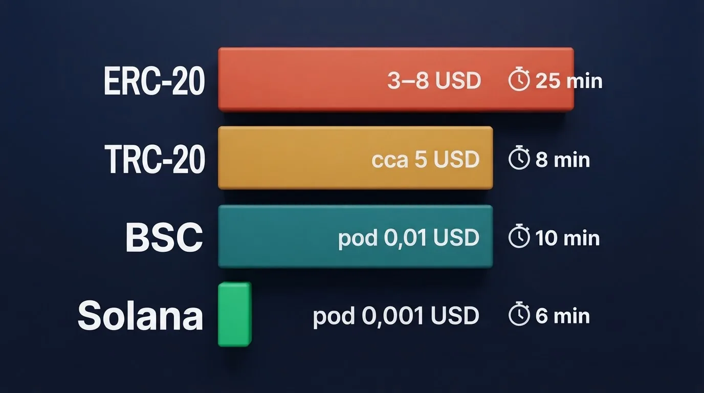 Infografika čtyř blockchainových sítí (TRC-20, ERC-20, Solana, BSC) seřazených podle poplatku — TRC-20 dole s nejnižší cenou, ERC-20 nahoře s nejvyšší, vedle každé ikona hodin s mediánem času výběru
