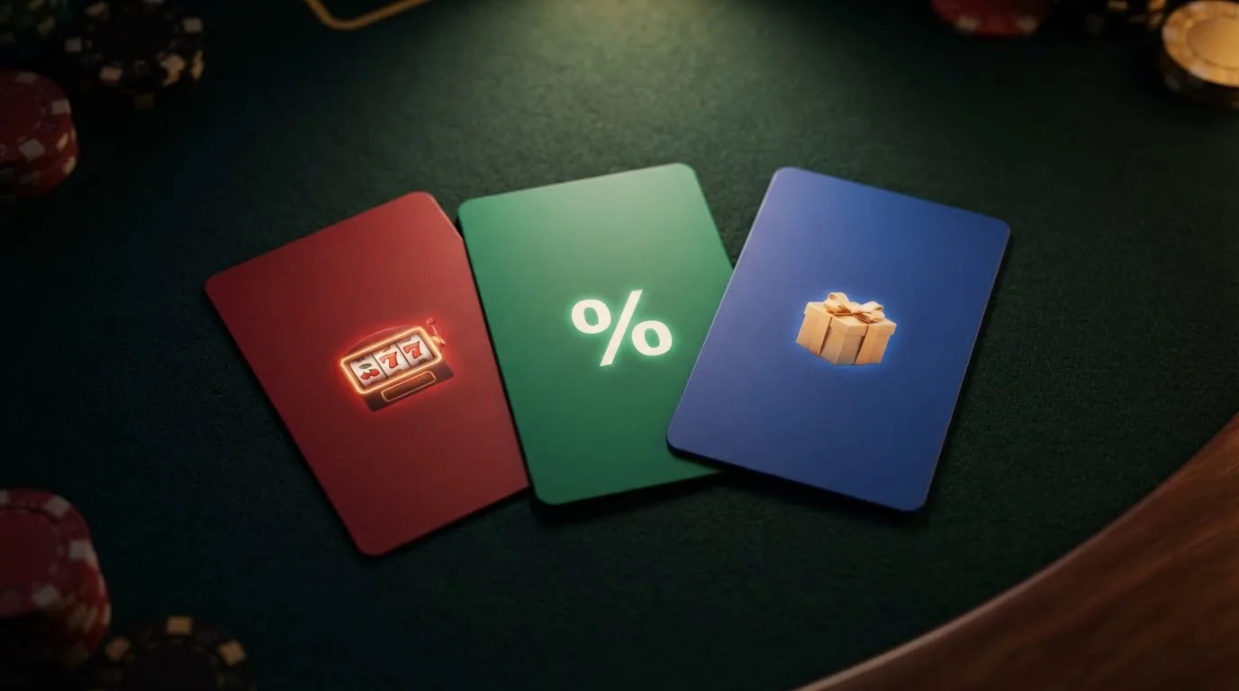 Rozložené casino bonusové karty: free spiny, procentuální navýšení vkladu, symbol dárku pro bonus za registraci