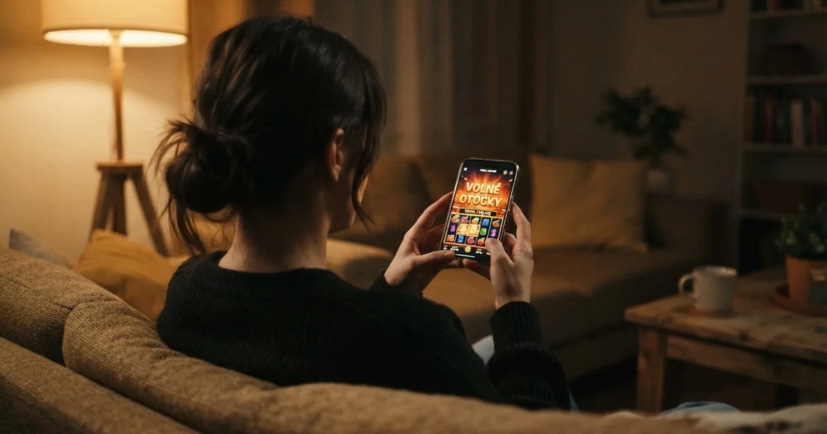 Hráč u mobilního telefonu s roztočeným automatem, na displeji nápis „volné otočky“