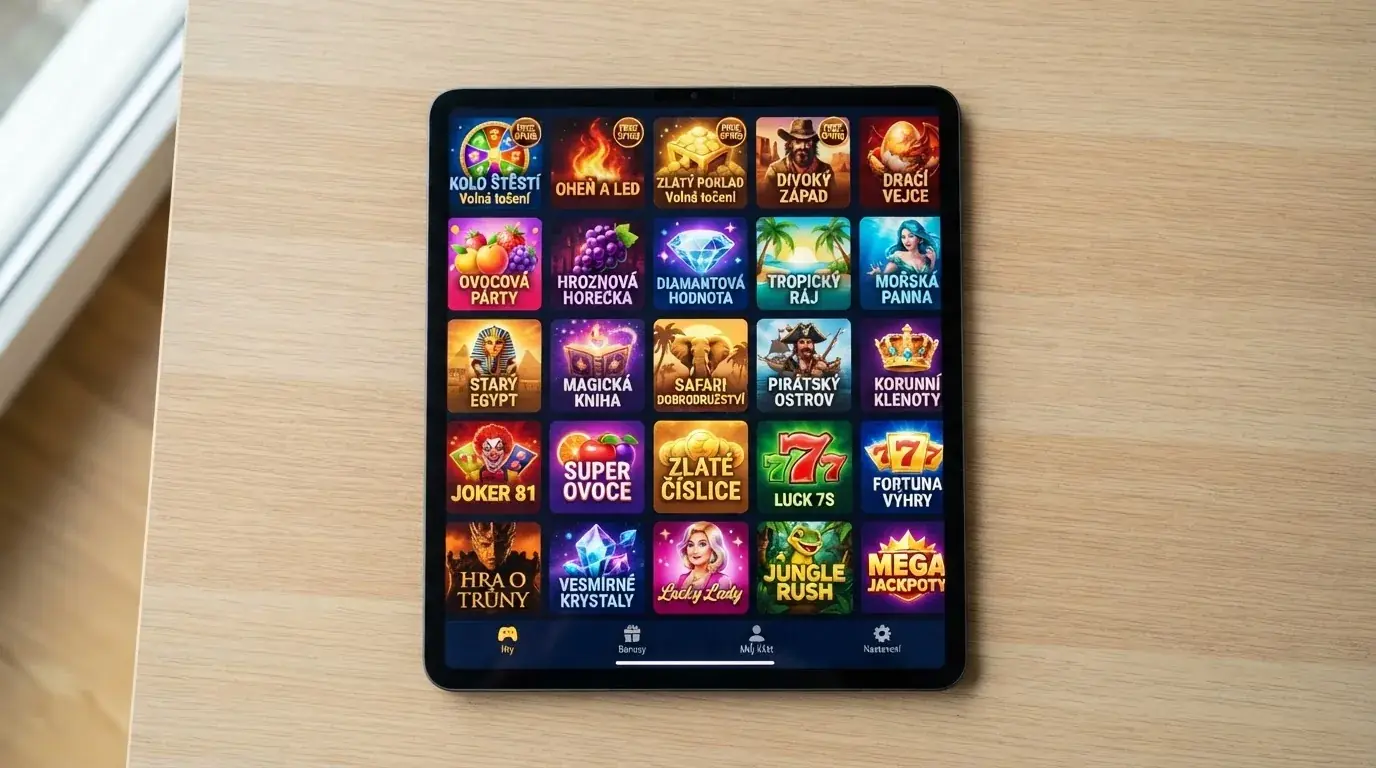 Výběr výherních automatů v online casinu — dlaždice s názvy her, z nichž některé jsou označené štítkem free spiny