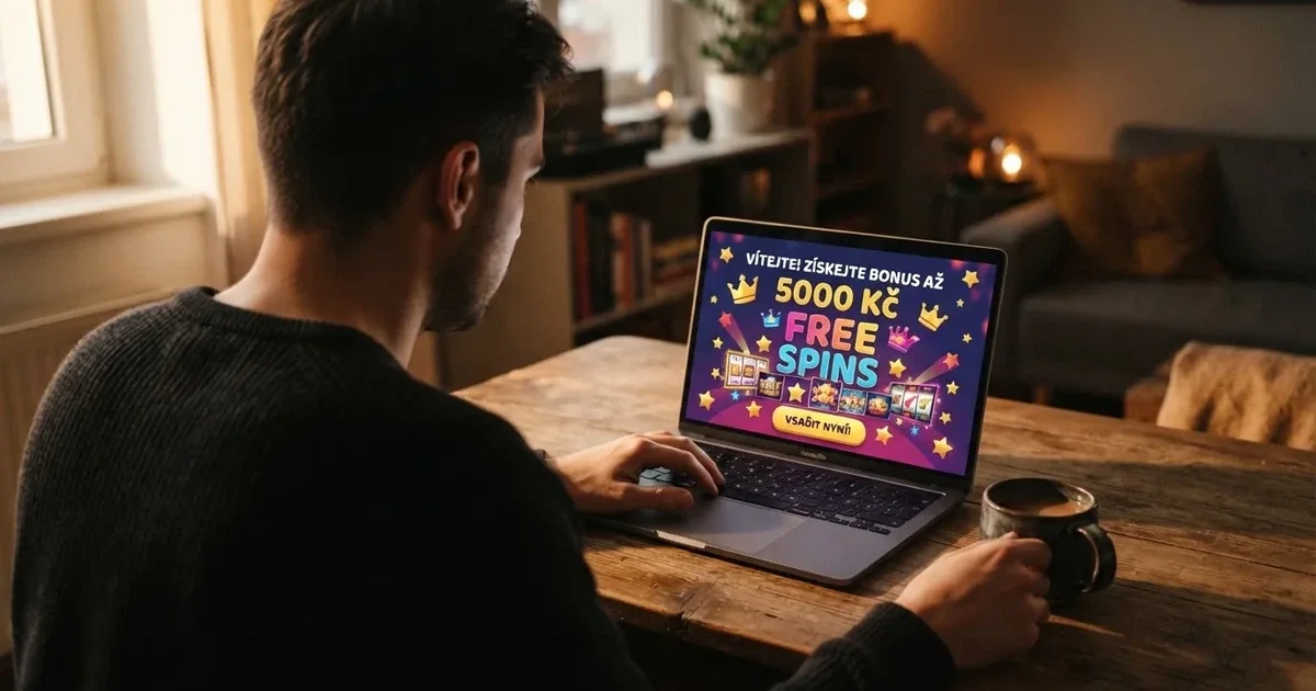 Hráč si u notebooku prohlíží nabídku bonusu bez vkladu v online casinu, na obrazovce je vidět uvítací nabídka s free spiny.