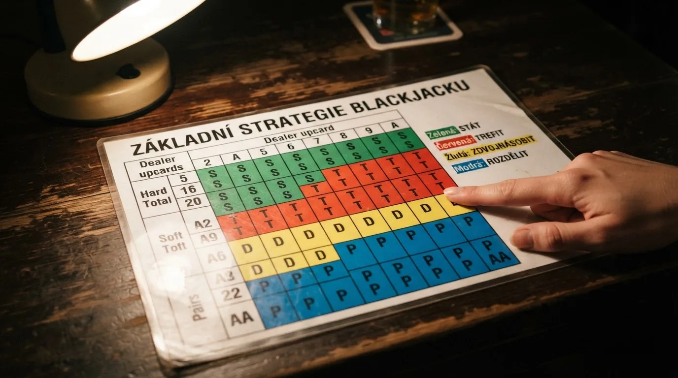 Tabulka základní strategie blackjacku zobrazující rozhodnutí pro každou kombinaci karet hráče a krupiéra